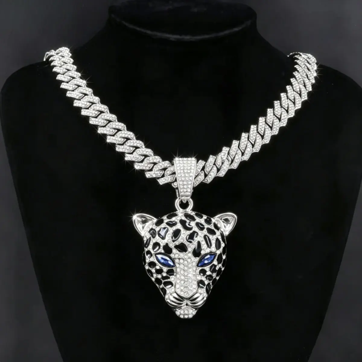 Hip Hop Jewelry Iced Out Cuban Link Chain Leopard Head Pendant Bling Punk Style Unisex Necklace Fashion Accessories Gift for Men Women Rapper Streetwear