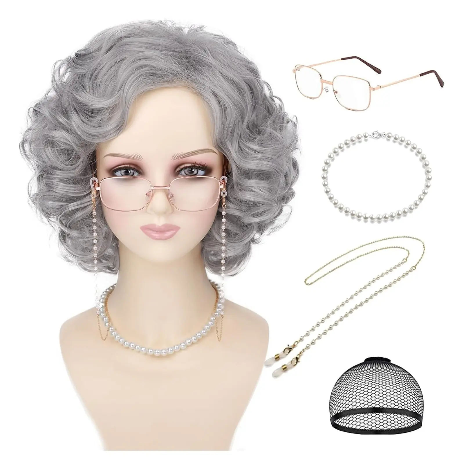 5Pcs Grey Curly Granny Wig Set for Women Heat Resistant Old Lady Costume Accessories for 100 Days of School Cosplay Halloween PartyGift