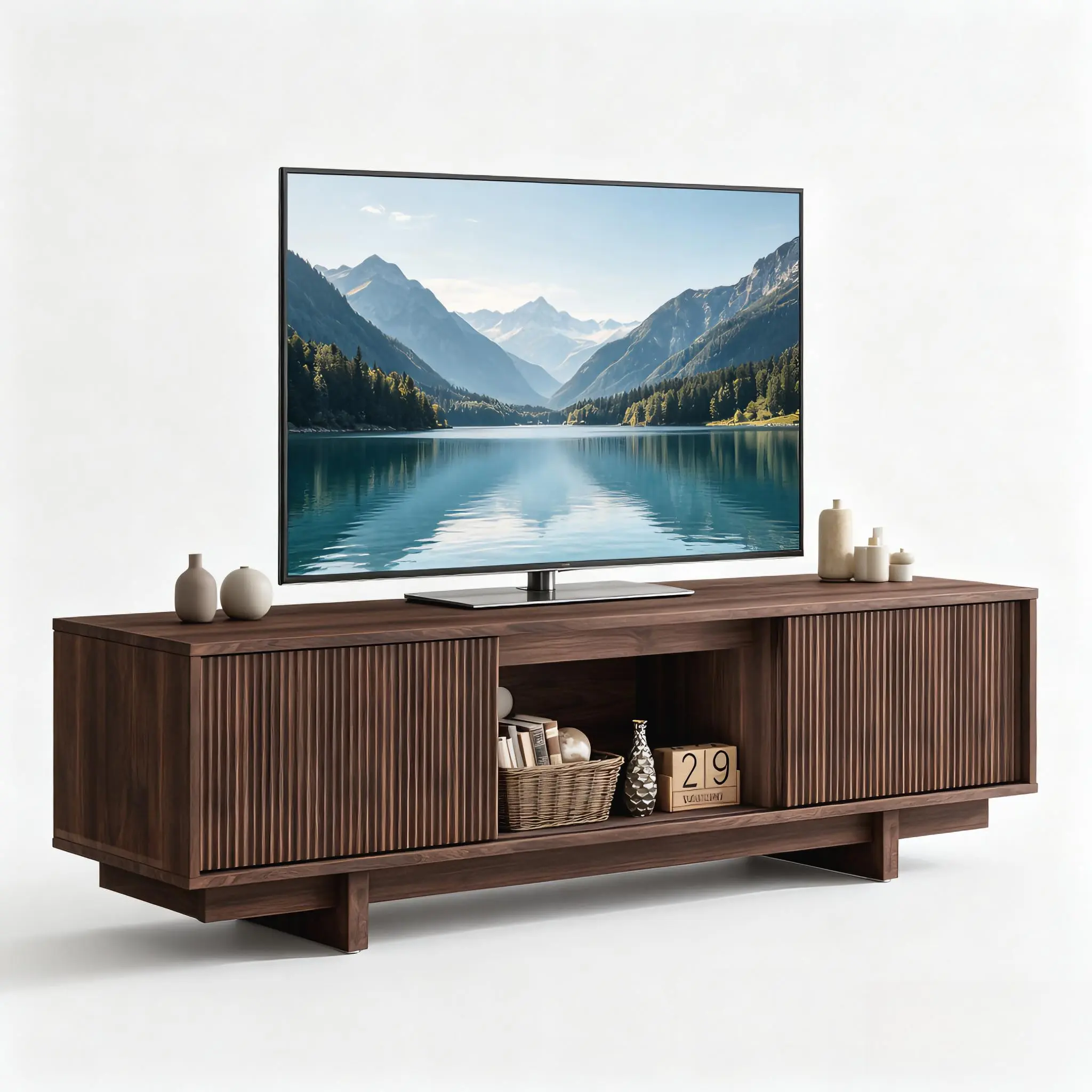Fluted Design TV Stand for 65" TVs, Mid-Century 55" Entertainment Center, Media Console Table with Sliding Door Storage Cabinet for Living Room, Bedroom, Apartment & Small Space, Walnut