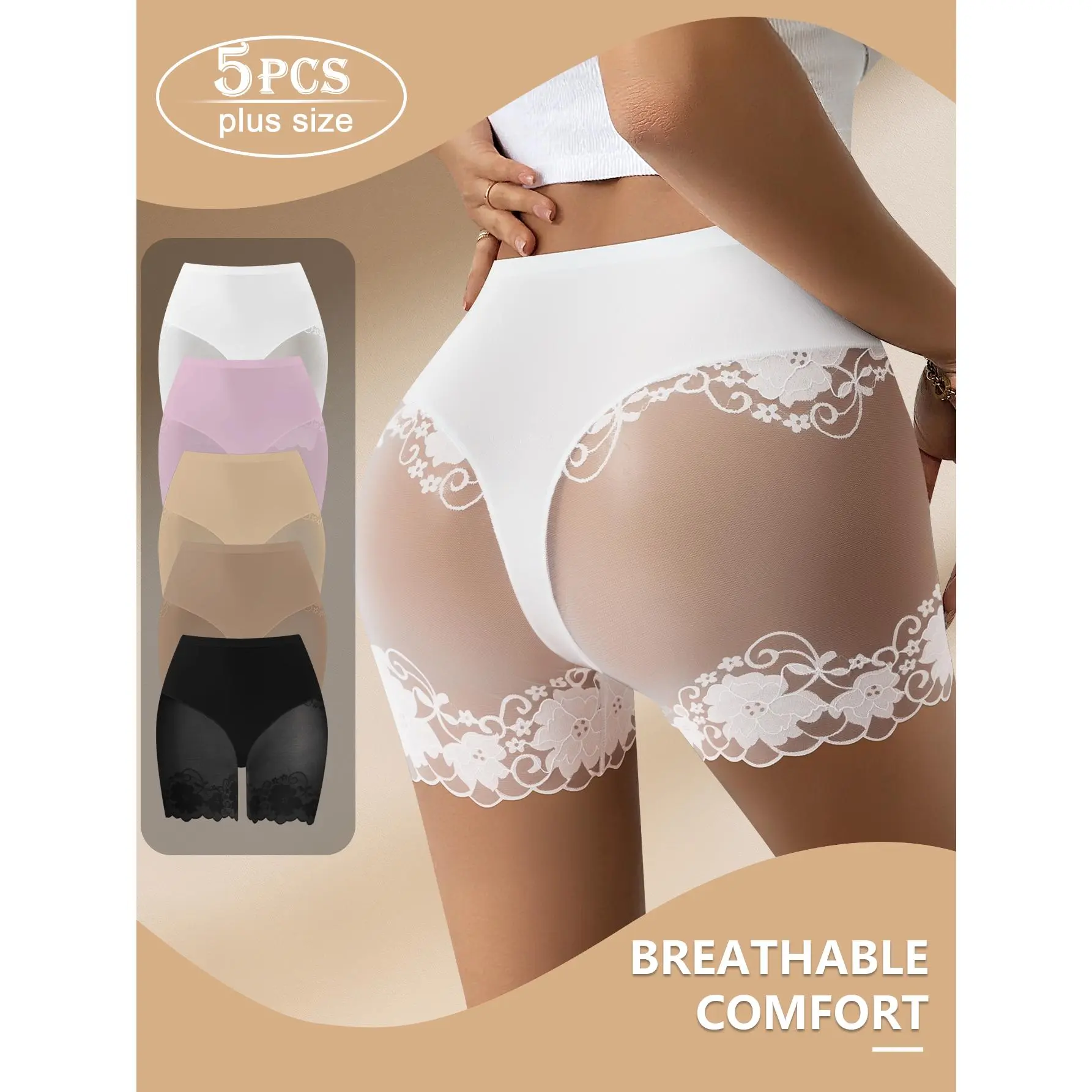 QUASTI 5 Pack Mid Waist Floral Lace Mesh Spliced Safety Shorts, Anti-Chafing Mid-Thigh Slip Shorts Under Dresses Women Layering Briefs S-4XL