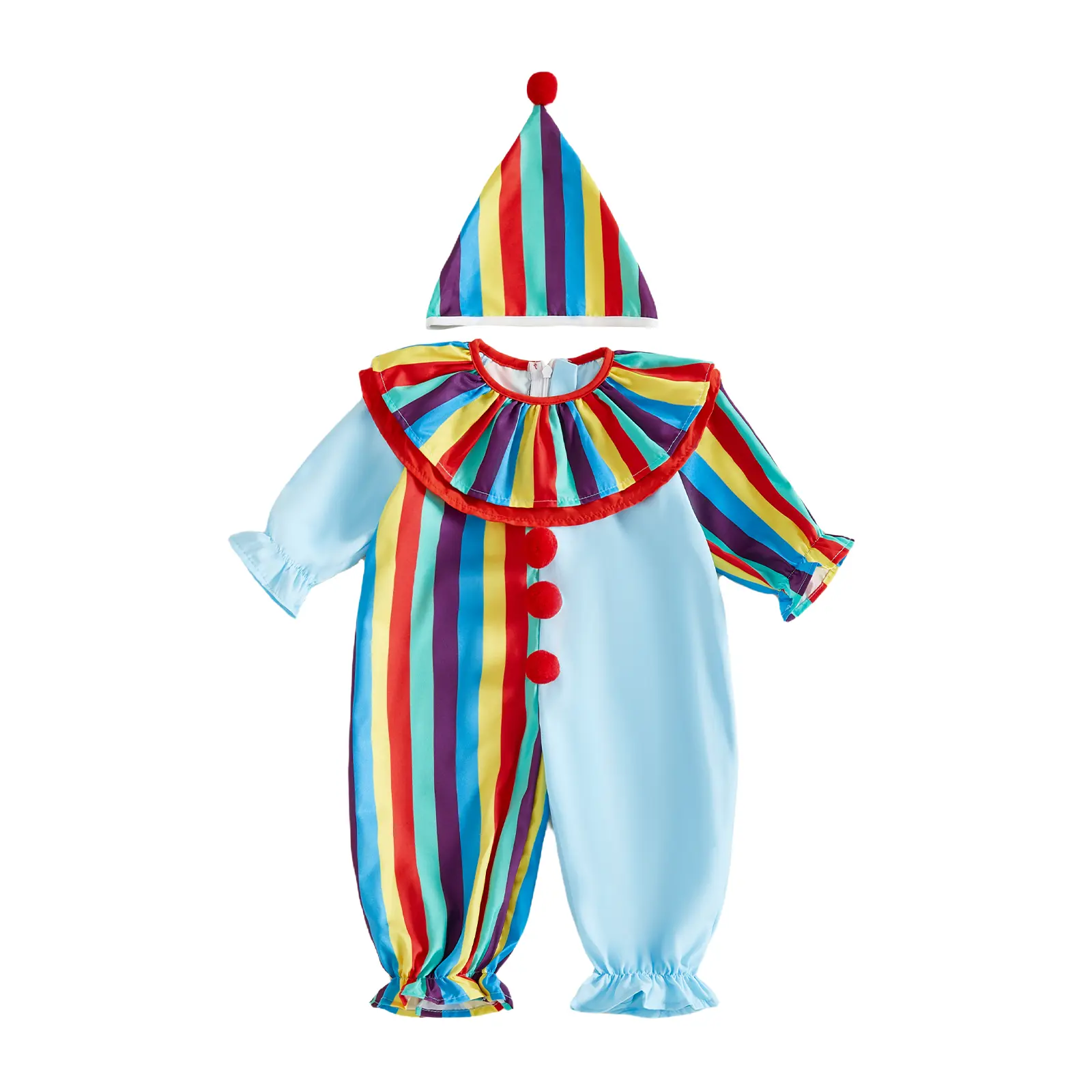 REDWOON Toddler Baby Little Boy Girl Halloween Clown Romper Ruffle Collar Long Sleeve Rainbow Striped Jumpsuit with Hat Infant Circus Cosplay Costume 0-4 Years