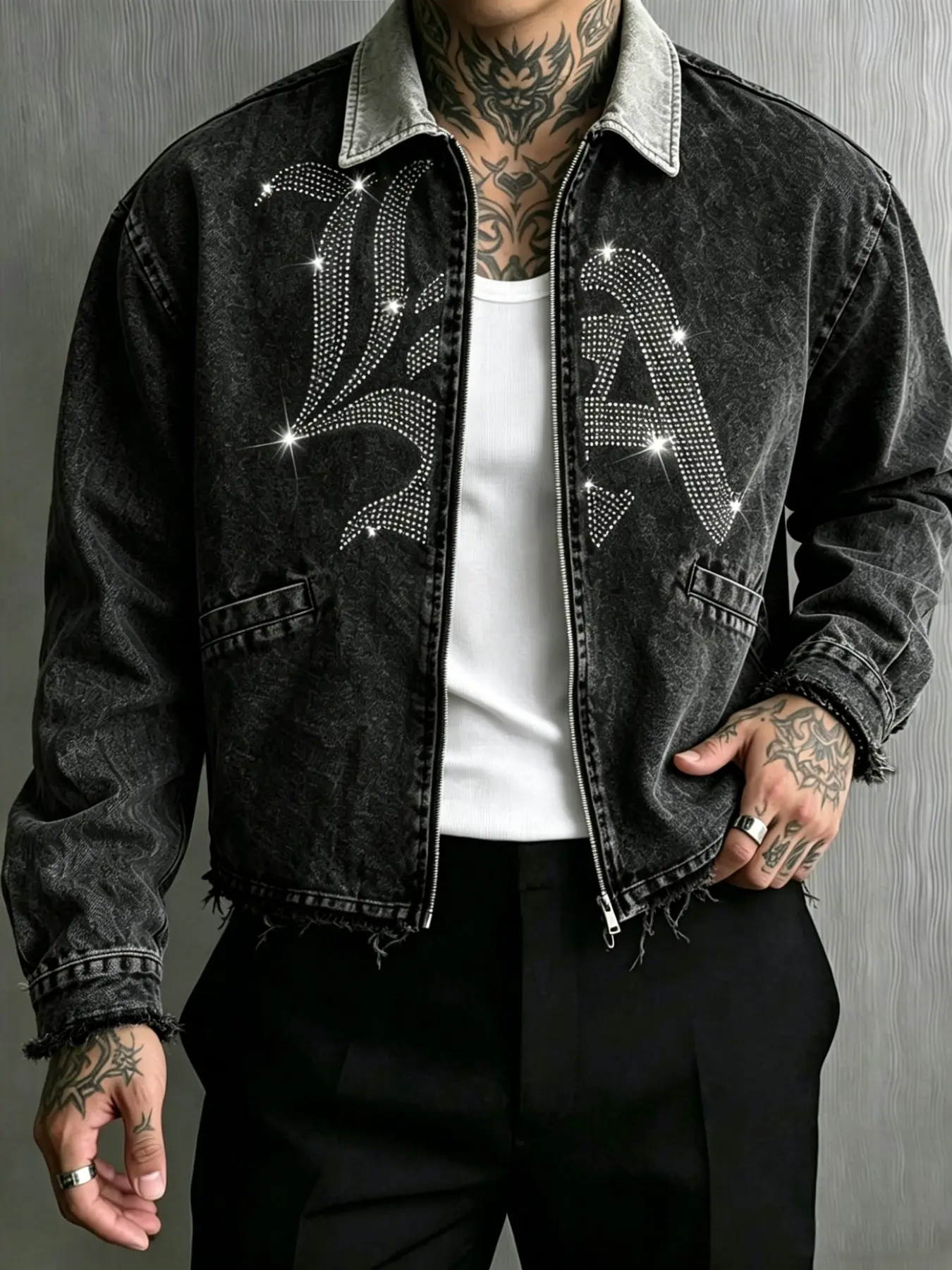 Men's Street Style Streetwear Rhinestone Decorated Denim Jacket, Vintage Washed Denim Zipper Coat, Bright La Rhinestone Pattern, Loose Fit Hip Hop Top