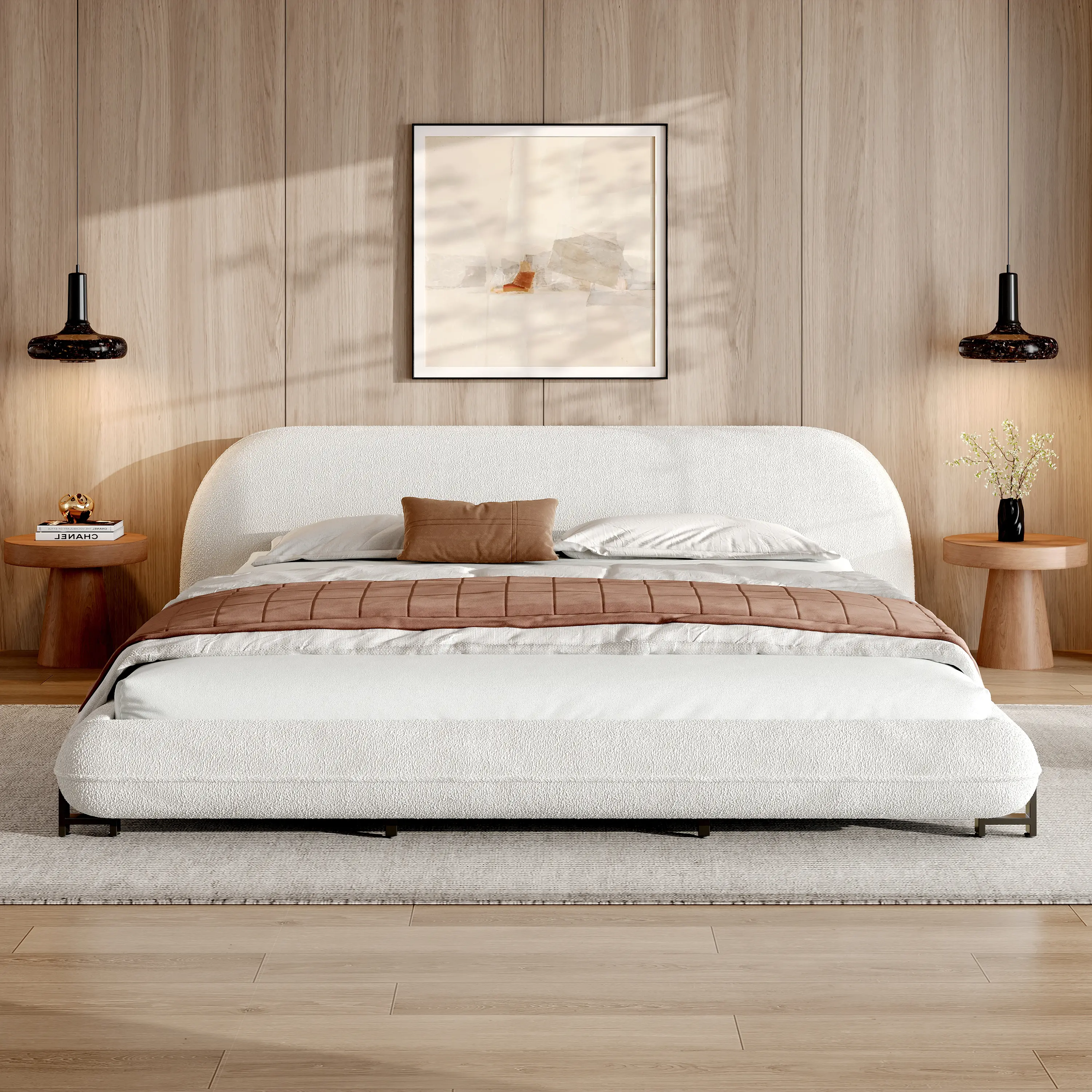 ARCH California King Size Bed Frame with Boucle Fabric, Upholstered Platform Bed with Curve-Shaped Design & Thick Headboard, White, No Box Spring Needed, Easy Assembly, Sturdy Wood Slat Support, Modern Bedroom Furniture, Bedroom Furniture for