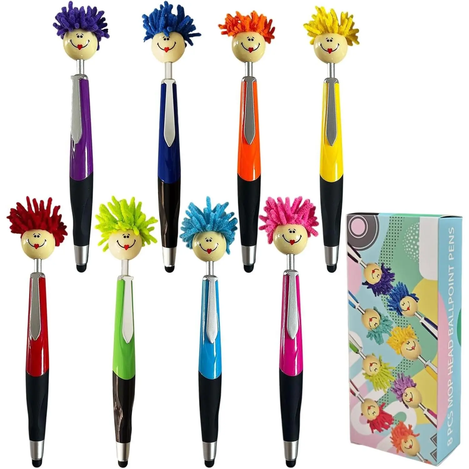 Pens,ballpoint pen,8pcs Mop  Ballpoint Pens, Funny Mophea Topper Pen with Plush Hair Writing Click Pen Portable Cute Cartoon Multi-function Signing Pens Decor  for Office  Adultes