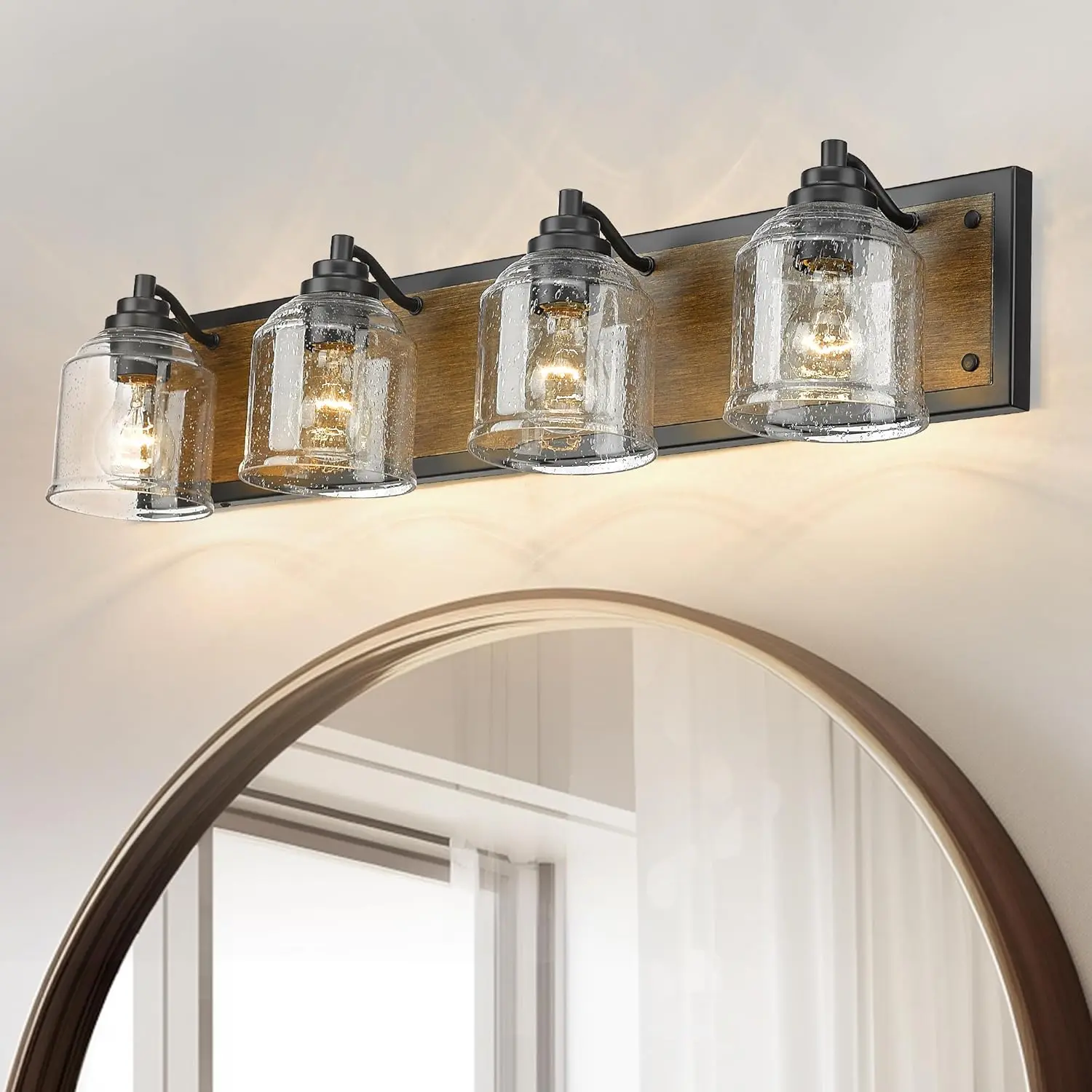 Lights for Bathroom Large 31.5",  Rustic  Light with Bubble Glass Shades, Brown 4 Light Bathroom Lighting Fixtures Over Mirror, Bath Wall Sconce  Decor