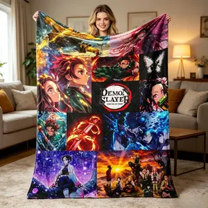 Demon Slayer Kimetsu no Yaiba Inspired Anime Blanket, Ultra Soft Flannel Throw Cozy Warm Character Collage Breathing Style for Bed Sofa Dorm Room Decor, Birthday Christmas Gift for Adults and Children, kid