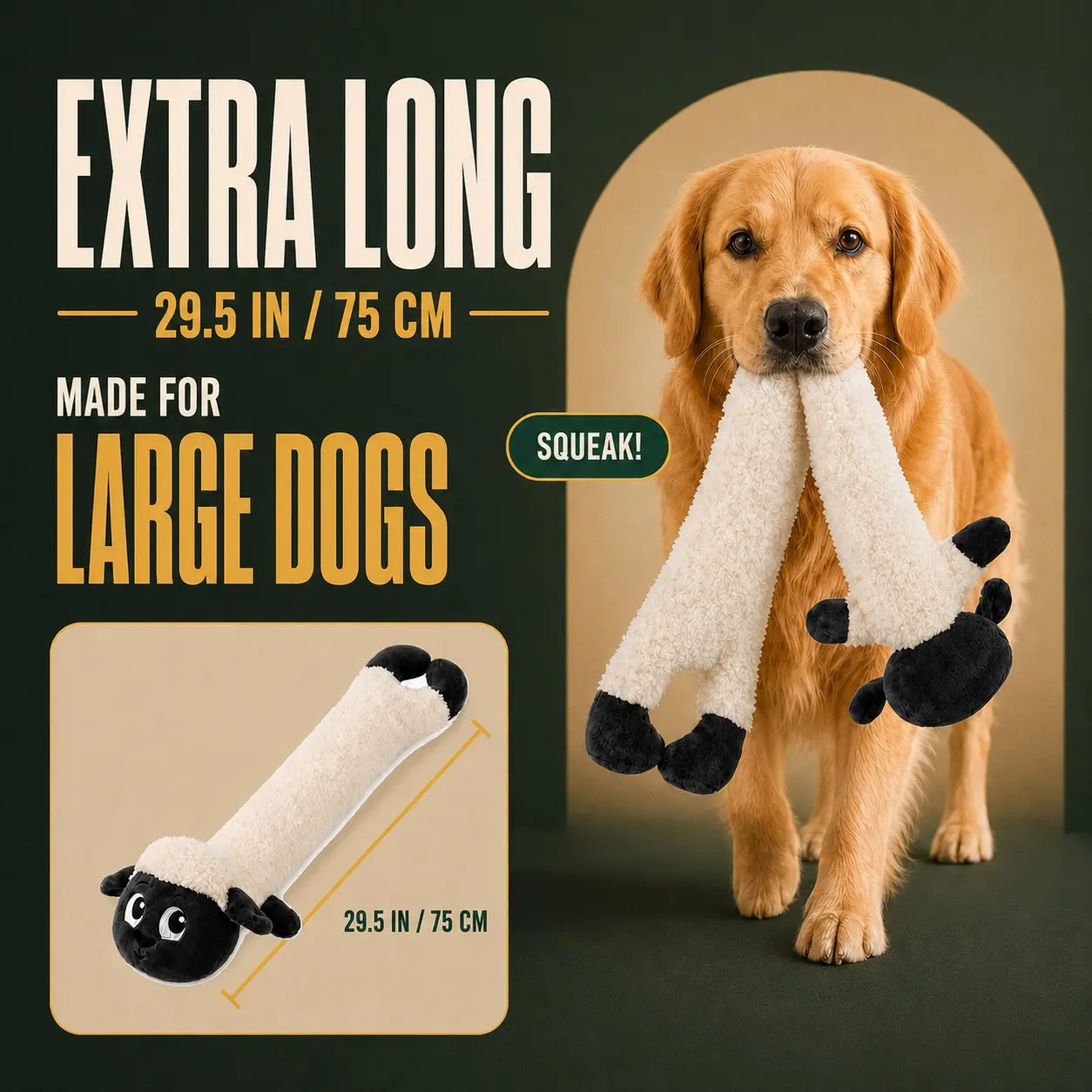 Extra Long Squeaky Dog Toy for Large Dogs, 29.5-Inch Plush Sheep with 3 Squeakers & Full-Body Crinkle, Soft Interactive Toy for Carrying, Tossing and Light Tug