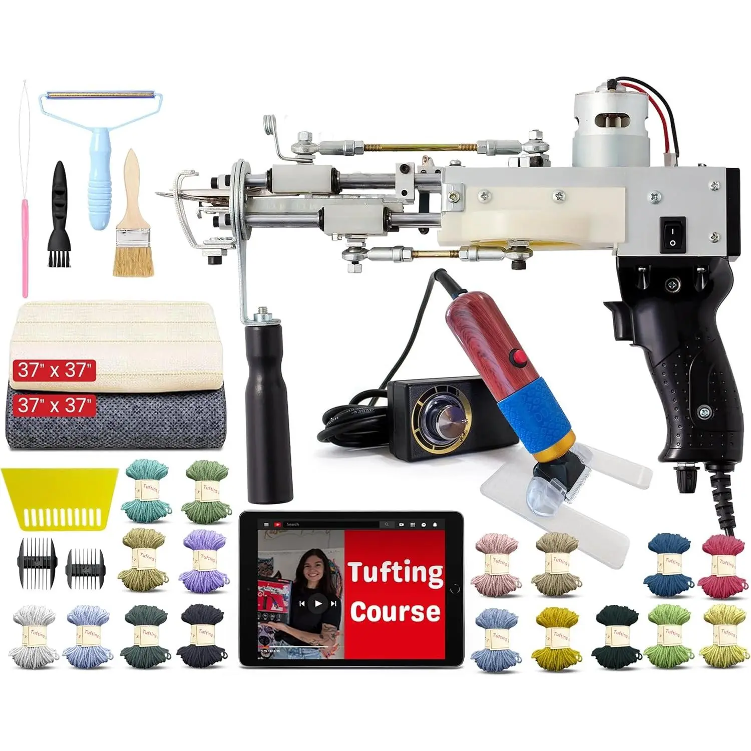 Rug Tufting Kit – Rug Making Kit with 2-in-1 Cut & Loop Tufting , Complete Tufting Kit, Cloth, Backing, Carpet Trimmer, 20 Color Yarns, Tools & Accessories for Rug Tufting Projects