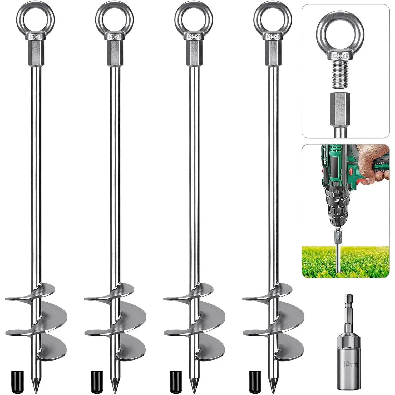 30'' Ground Anchors Screw in Heavy Duty 12mm Solid Steel, 3" Spiral Blade with Smooth Edges, Fully Welded Design for Mobile Home, Shed, Trampoline, Swing Set, Carport, Earth, Tent, 4Pack
