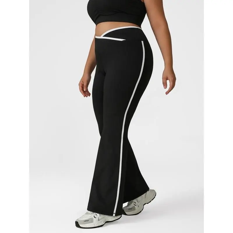 1 PCS Plus Size Women's Yoga Bell-bottom Trousers??Contrast Color Crossed Waist High Waist Tummy Control Modified Leg Shape Slimming Bell-bottom Trousers??Comfortable Stretch Freedom Movement??Daily Casual Wear