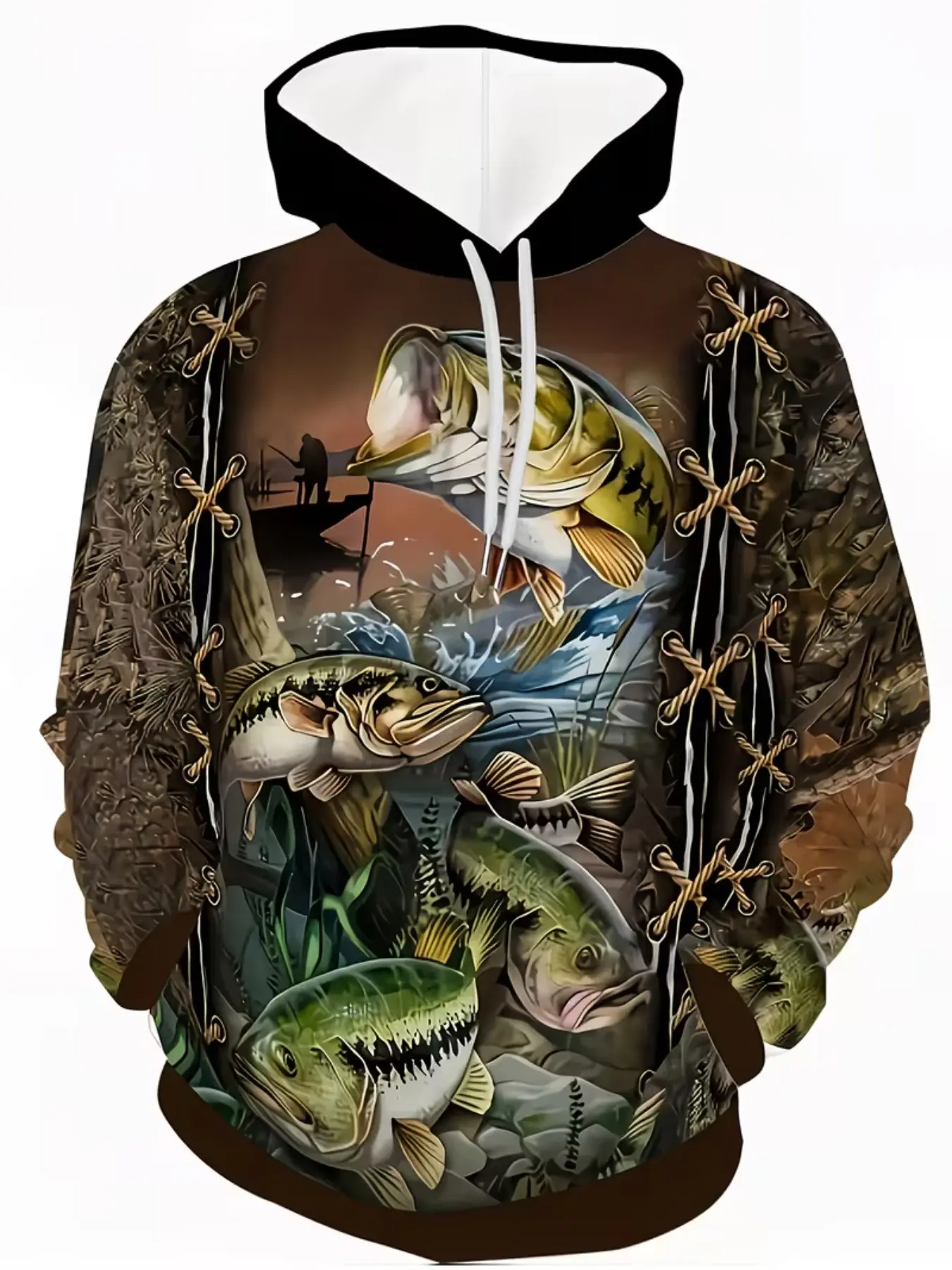 Digital Print Fashion Hoodie, Fall Pullover Sweatshirt, 3D Digital Print, Fishing Bass Pattern, Casual Long Sleeve, All Seasons
