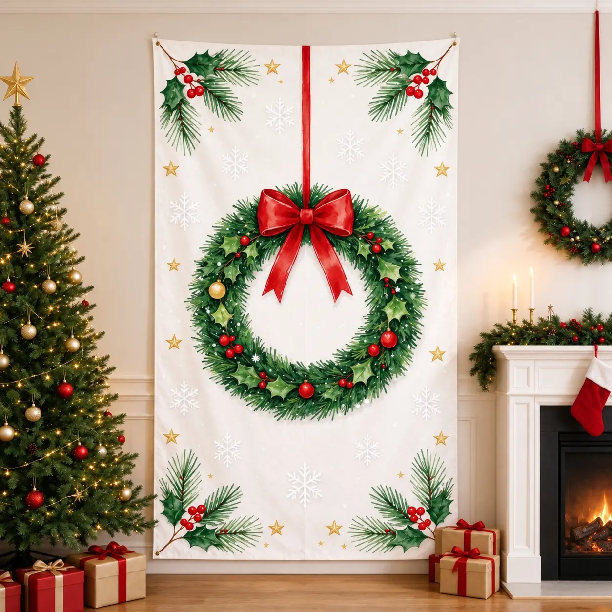 1pc Christmas wreath background cloth, holiday photo set, home wall decoration, party window display
