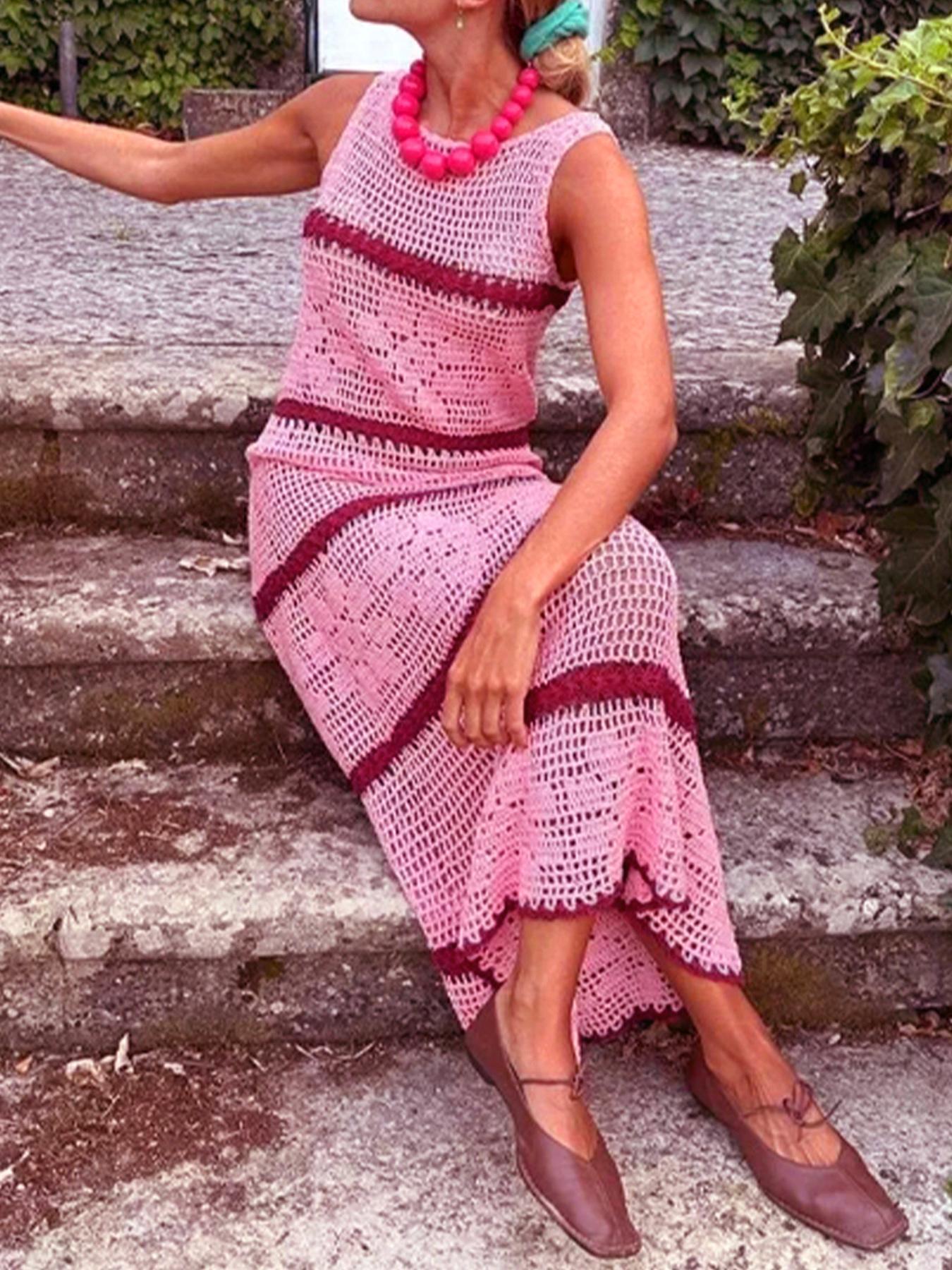 Women's Colorblock Crochet Sweater Dress, Casual Sleeveless Fitted Knitwear for Summer, Fashion Women's Clothing for Daily Wear, Womenswear, Piece
