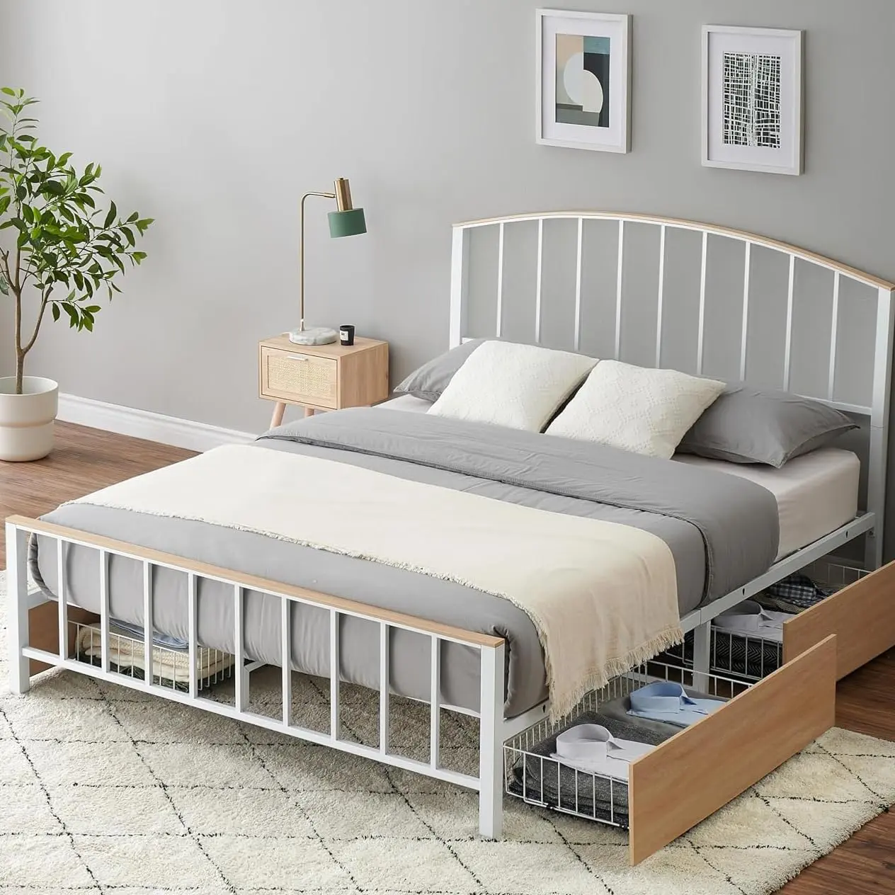 GARVEEQueen Size Metal Bed Frame with Headboard and Footboard, 4 Storage Drawers, No Box Spring Needed, Upgraded Midfoot StructureWhite