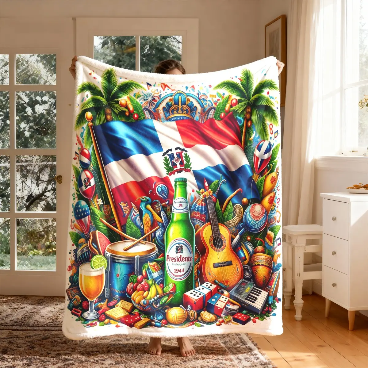 Dominican Island Pattern Flannel Blanket, Large Size, Soft and Lightweight, Perfect for All Seasons, Ideal for Bed, Sofa, Office, Camping, Travel