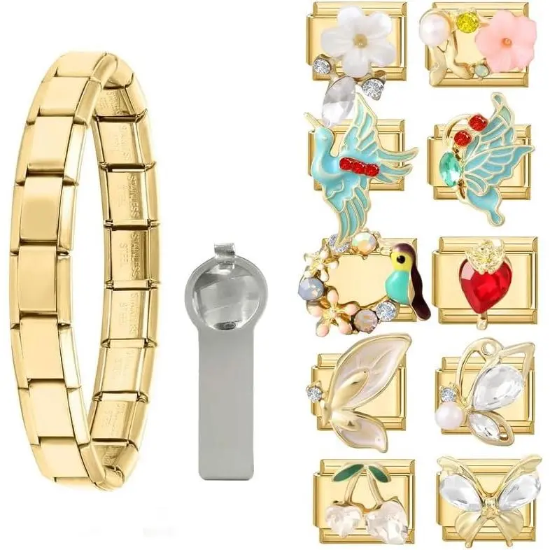 DIY Stainless Steel Italian Charm Bracelet Gift Set - 1 Starter Bracelet, 10 Removable Module Charms, 1 Opening Tool for Beading & Jewelry Making, Removable Charms