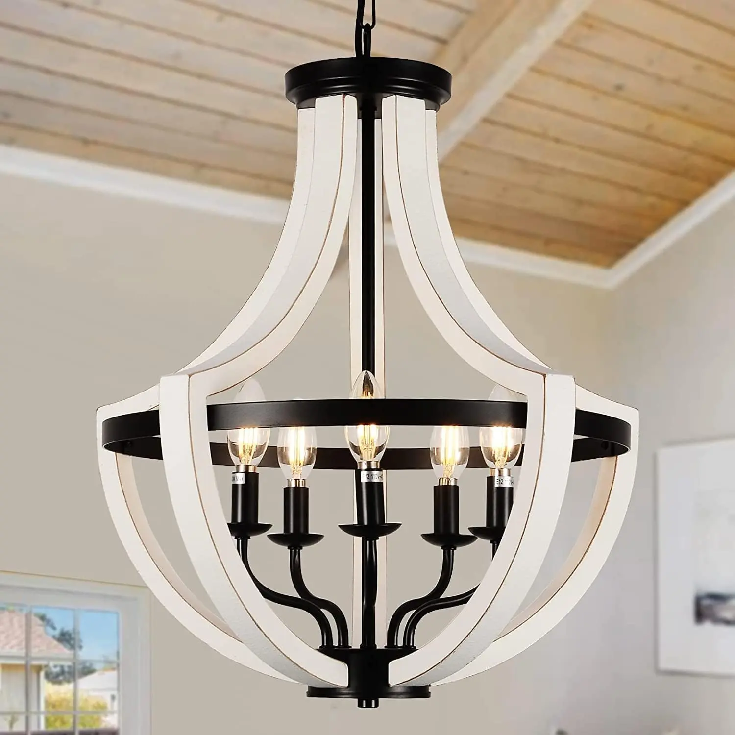 Nokaa Modern White Solid Wood Chandelier 5-Light Candle Style Ceiling Hanging Light for Dining Room Living Room Kitchen Island, Farmhouse Home Decor, Multiple Installation Options