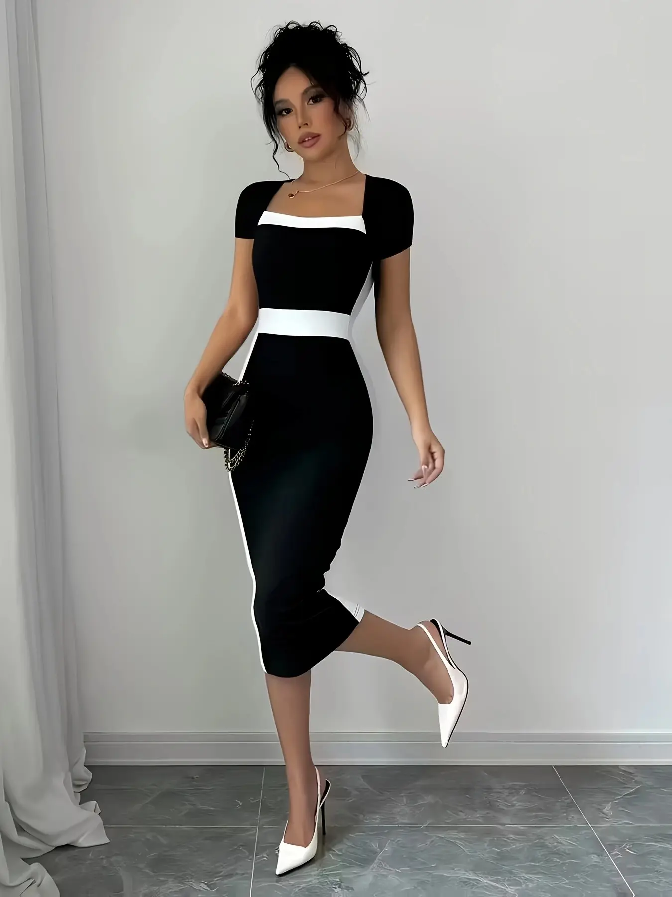 Women's and Contrast Bodycon Midi Dress, Square Neck Short Sleeve, Waist Side Stripe, Office Formal Wear Cocktail Party Dress