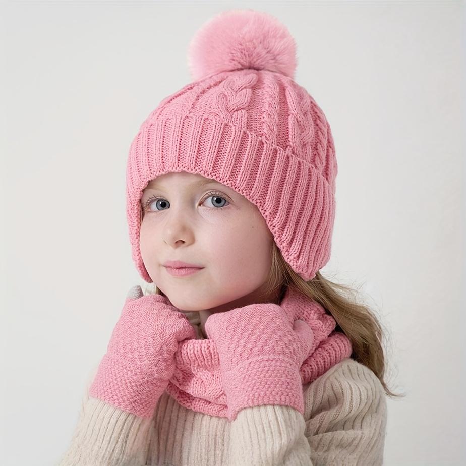 3pcs Winter Warm Hat, Gloves & Scarf Set - Soft Stretchable -like Ear Protection Outfit with Pink Bow-like Pom-Poms, Beige//Gray Color Options for Boys & Girls (Ages 3-8) - Hand Washable Cold Weather