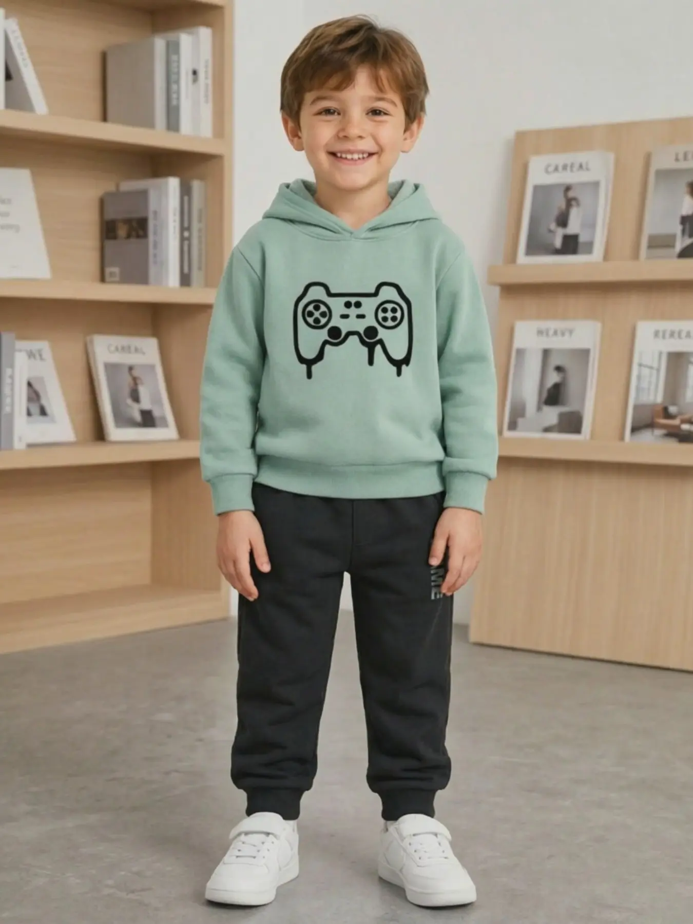 Boys' Trendy Hooded Sweatshirt and Long Pants Set, Fun Game Controller Print, Slim-Fit Casual Suit, All Seasons Fashion