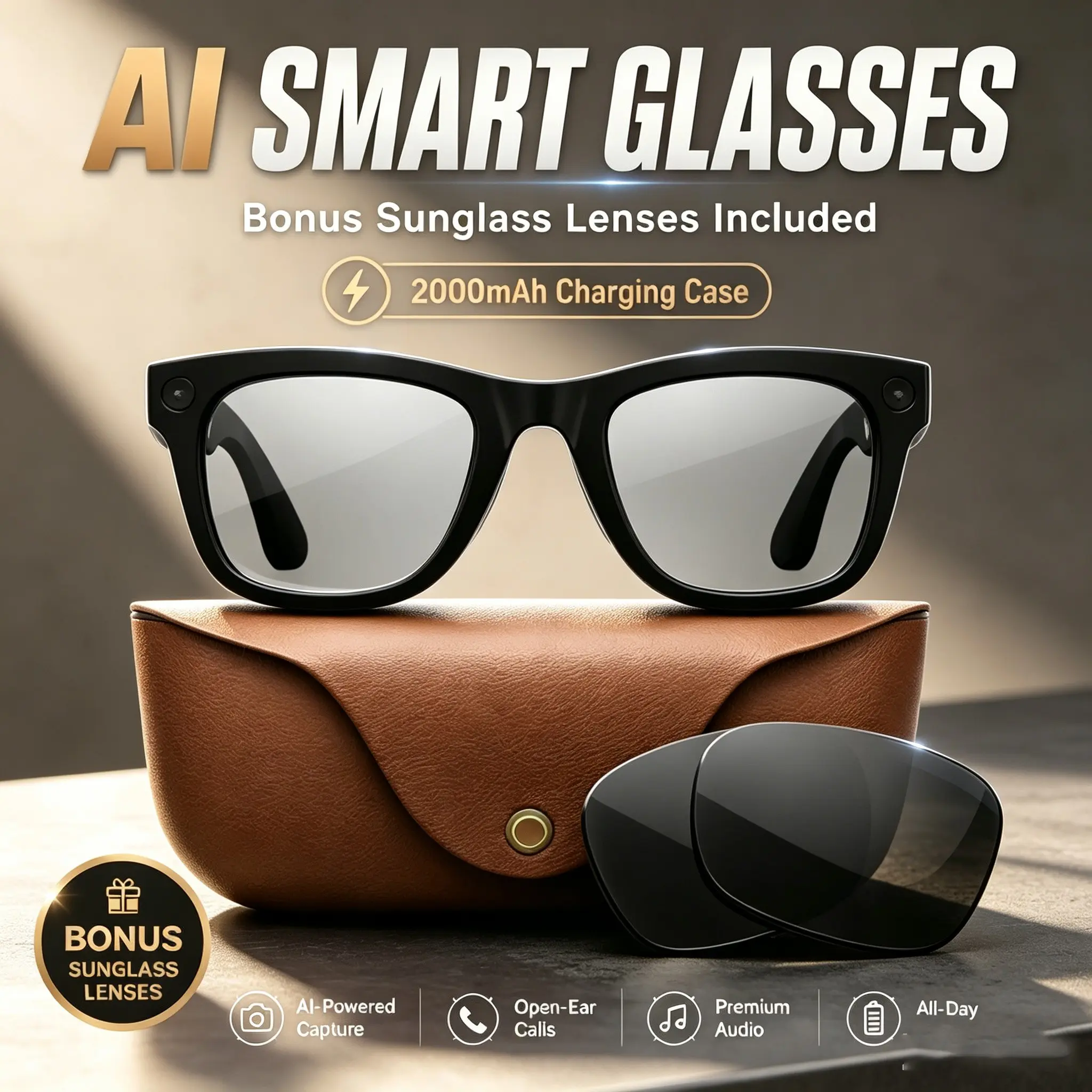 New 2026 Smart Sunglasses with Bluetooth-compatible Ai Voice Assistant, 1080P HD Photo Capture, Real-Time Translation, UV Protection, Unisex
