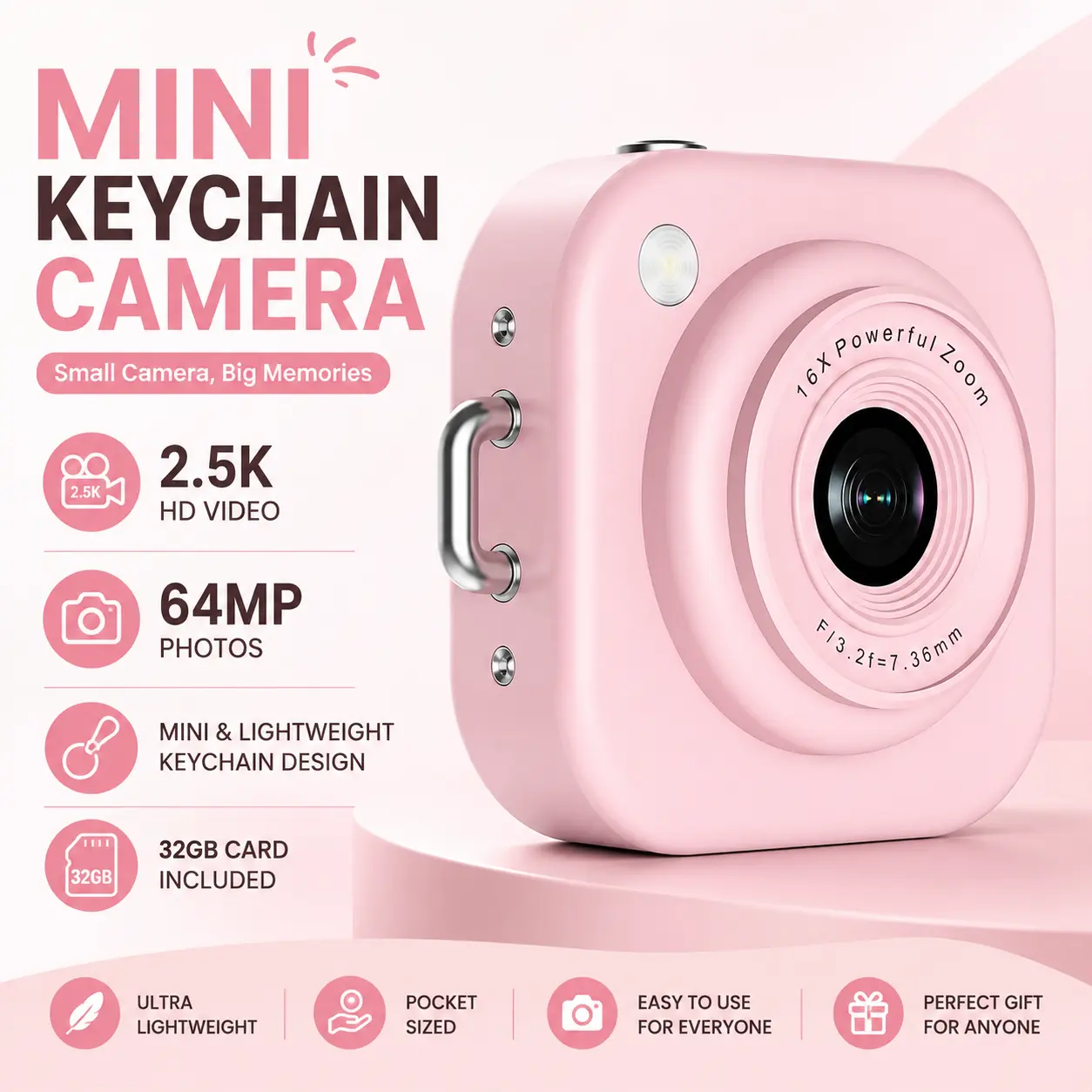 2.5K Mini Keychain Digital Camera with 64MP Photo Capture, Y2K Retro Pocket-Size Vlog Camera with 32GB Memory Card, Rechargeable Compact Camera for Travel, Concerts, Parties, Selfies and Everyday Content Creation