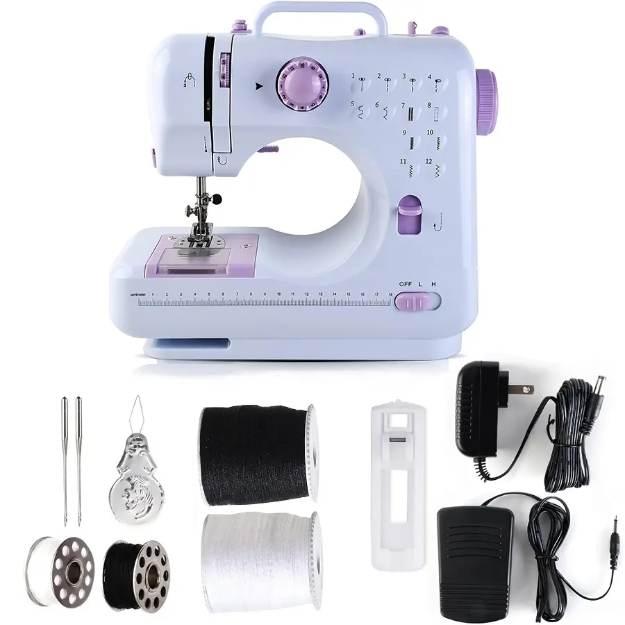 Portable Electric Sewing Machine for Beginners, Dual Speed, 12 Stitch Patterns, Pedal Control, Ideal for DIY Projects and Gifts