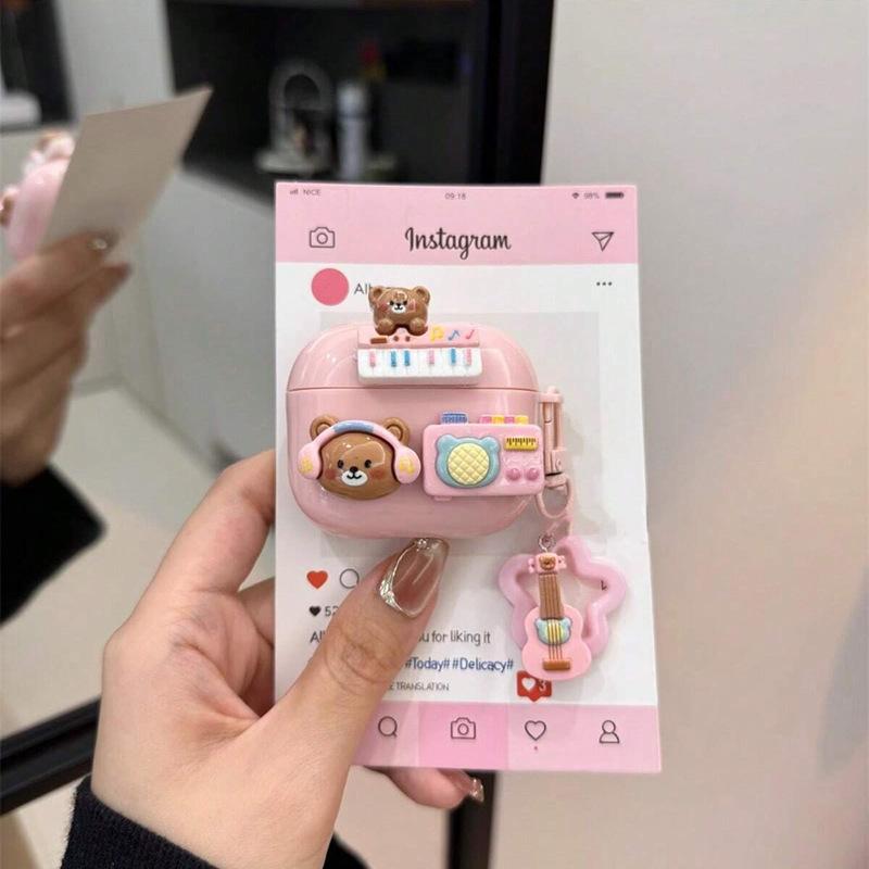 Cute Cartoon Music Bear Earphone Case for Airpods 1/ 2/ 3/ 4/ Pro/ Pro 2 - Anti-Drop Protective Cover with Music Pendant, Girls' Favorite Kawaii Accessory for Airpods Users