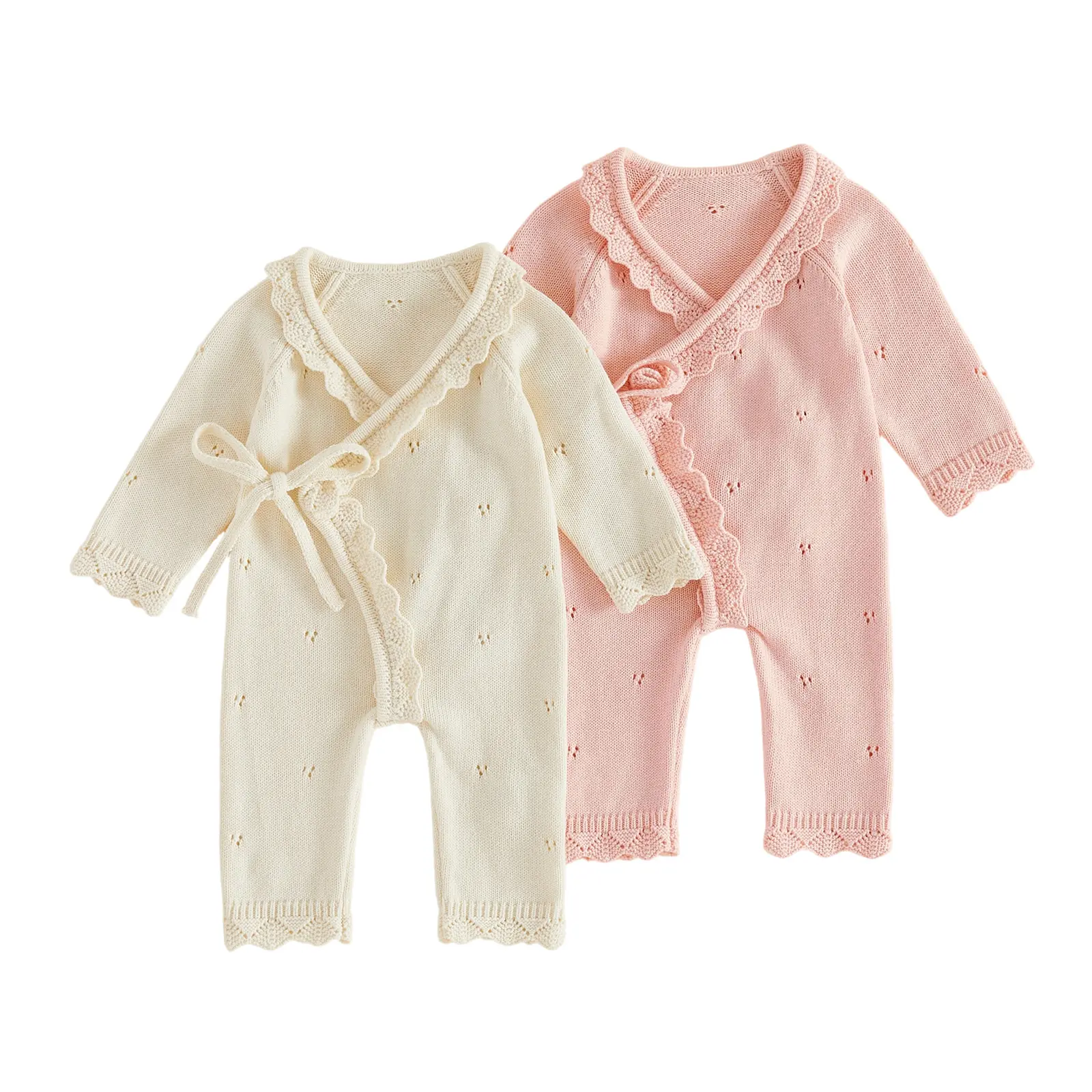 Newborn Baby Girl Front Tie Knit Romper Solid Color Scallop Trim V Neck Long Sleeve Jumpsuit 0-6 Months