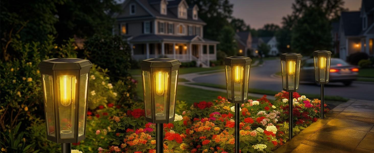 Ennvaofficial solar path lights for outdoor use, 6-piece set of solar hexagonal tungsten garden lights, bright LED pathway lights, solar-powered Edison bulb landscape lighting, suitable for outdoor walkways, courtyards, sidewalks, and yards (warm light)