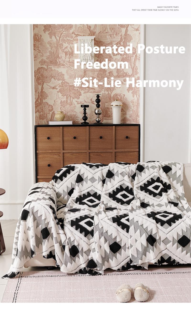 Bohemian Plush Sofa Throw Blanket, Geometric Pattern Design, Pet-Friendly, All-Season Use, Home Decor, Sofa Couch Covers, Sofa Slipcover