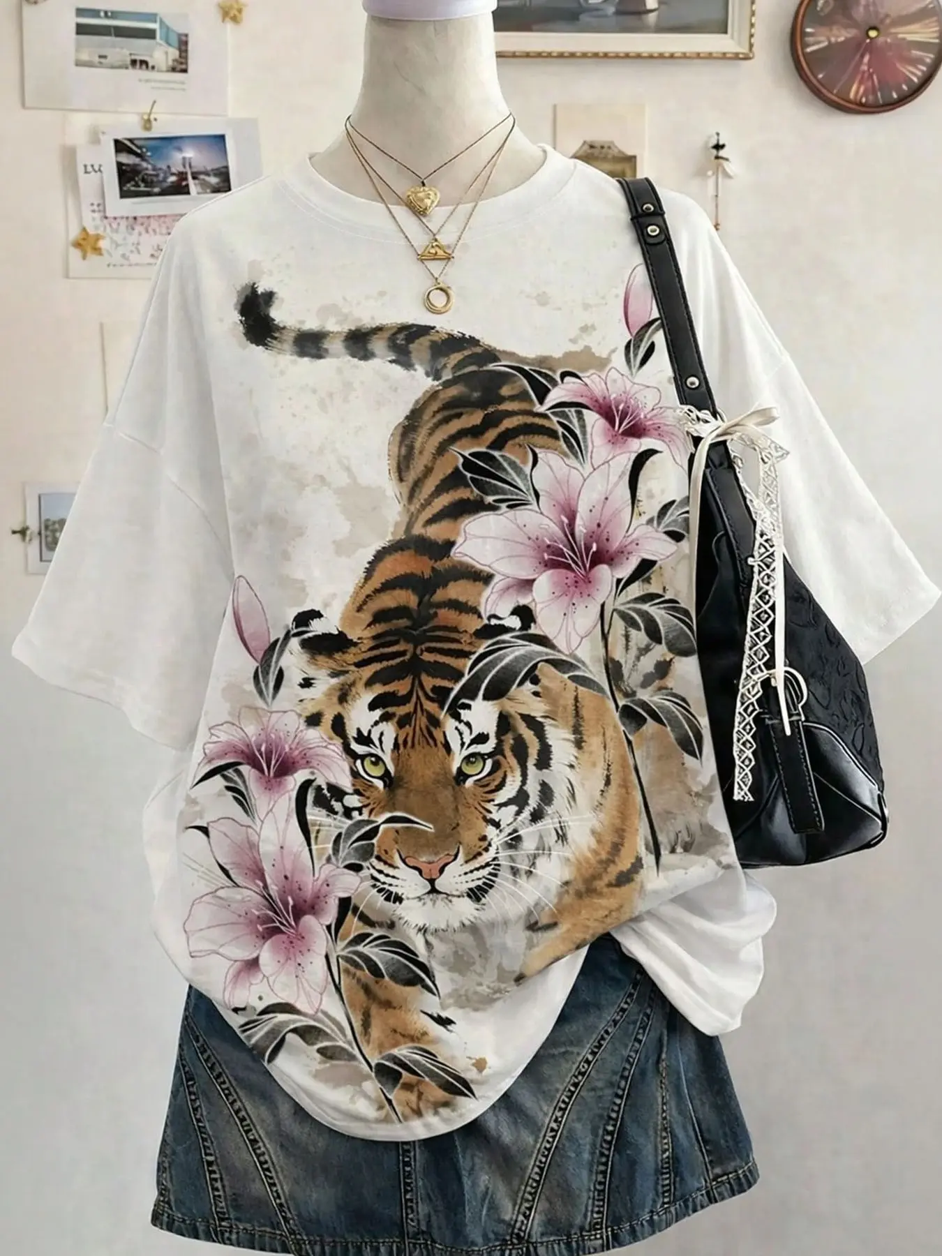 Women's Round Neck Short Sleeve Summer T-Shirt, Digital Tiger Flower Pattern, Casual Streetwear Daily Wear, Fashionable Top, Loose-Fitting, Animal Print
