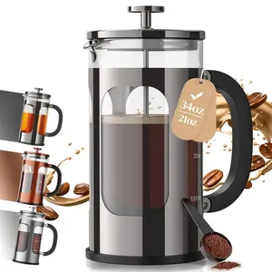 French press coffee maker 34 ounces, plastic-free coffee maker, thickened glass stainless steel filter cup, cold brew coffee maker, suitable for kitchen, travel, camping, gifts, decoration, bar accessories, dark tin color