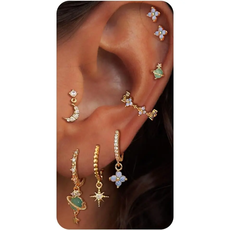 8pcs Golden Stud Earring Sets for Multiple Piercing Dainty Flower Leaf CZ Dangle Earrings Stack Cartilage Huggie Hoops Earrings for Women for Daily Party Travel Birthday Gift