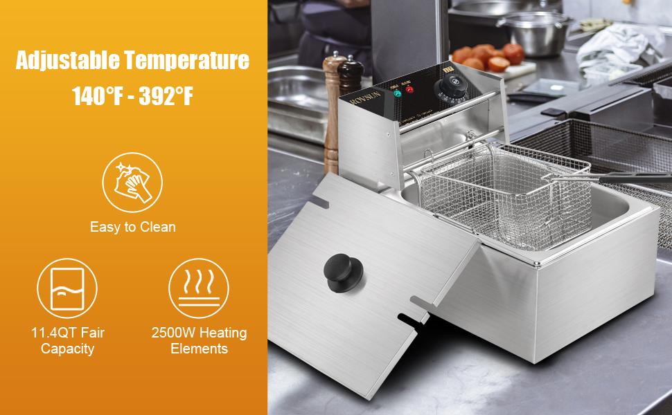 ROVSUN 11.4QT Electric Deep Fryer w/Basket & Lid, Countertop Kitchen Frying Machine, Temperature Adjustable Stainless Steel French Fryer for French Fries, Onion Rings, Donuts, 2500W 60Hz 110V
