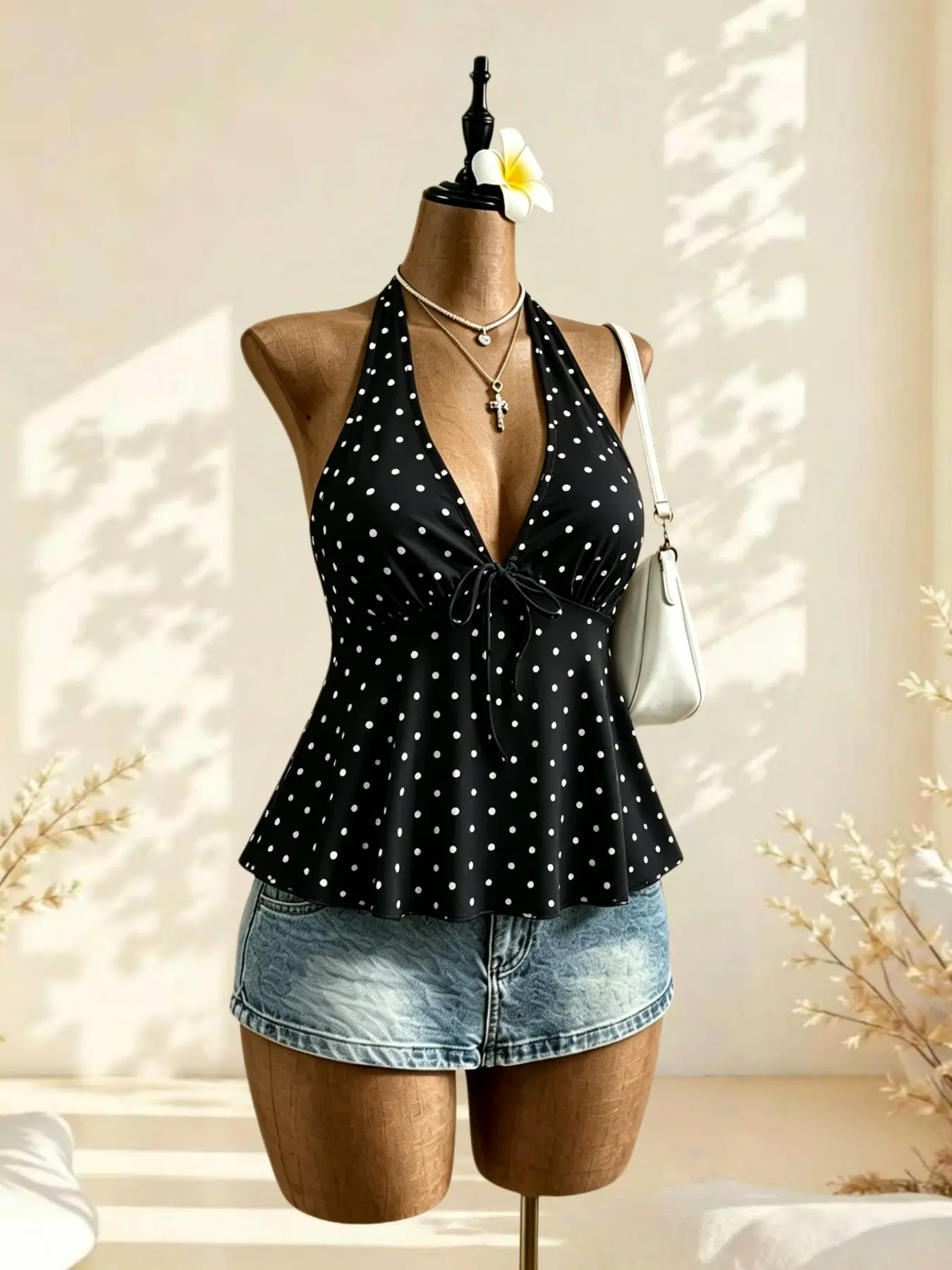 Vintage Pure Desire Summer Polka Dot Deep V Neck Halter Top, Waist Cinch Slimming Vacation Casual Women's Sleeveless Shirt