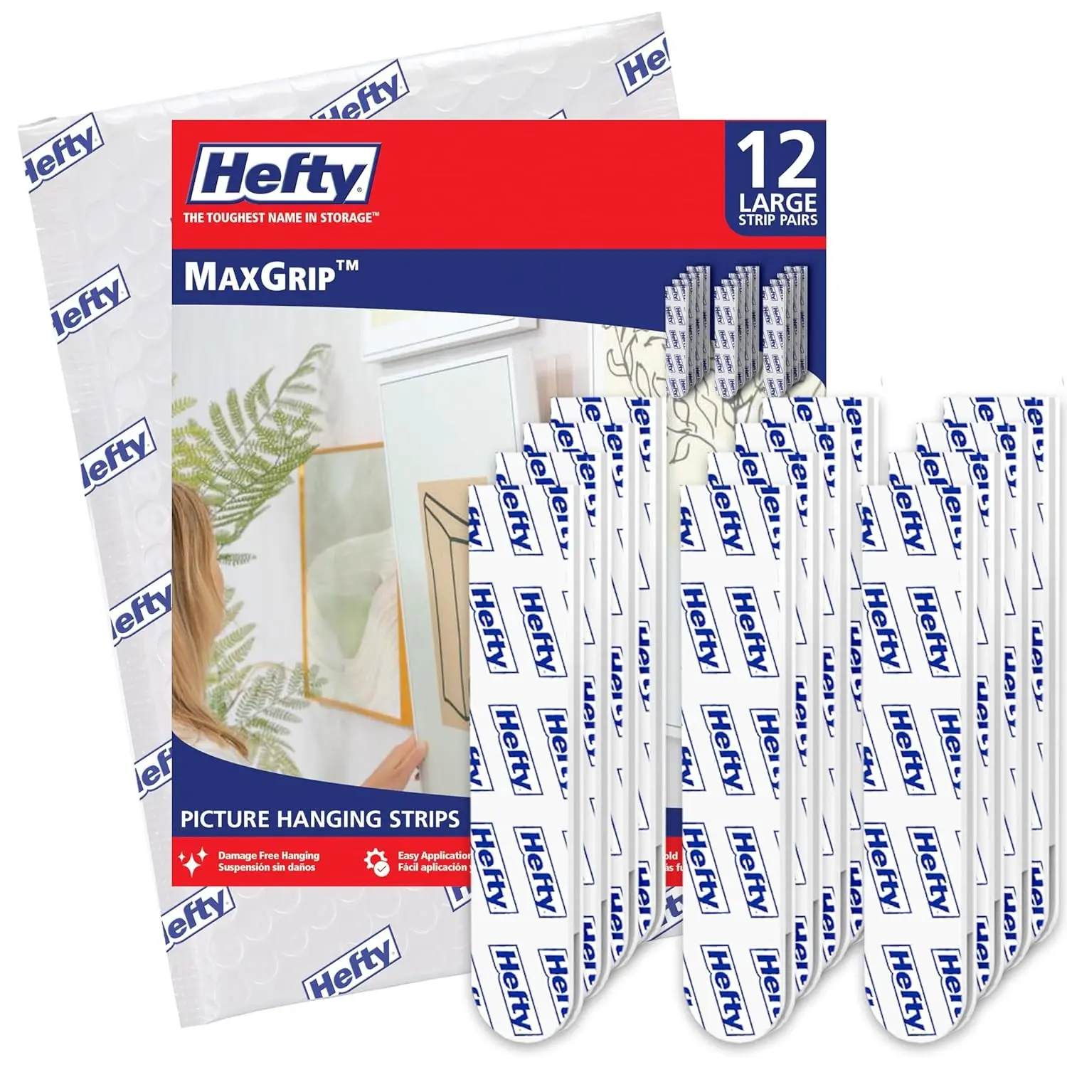 Hefty Picture Hanging Kit - 12 Large Pairs, Holds Up to 16 Lbs | Picture Hangers & Kit for Home Decor - Picture Hanging Hardware for Superior Adhesion on Frames, No Nails