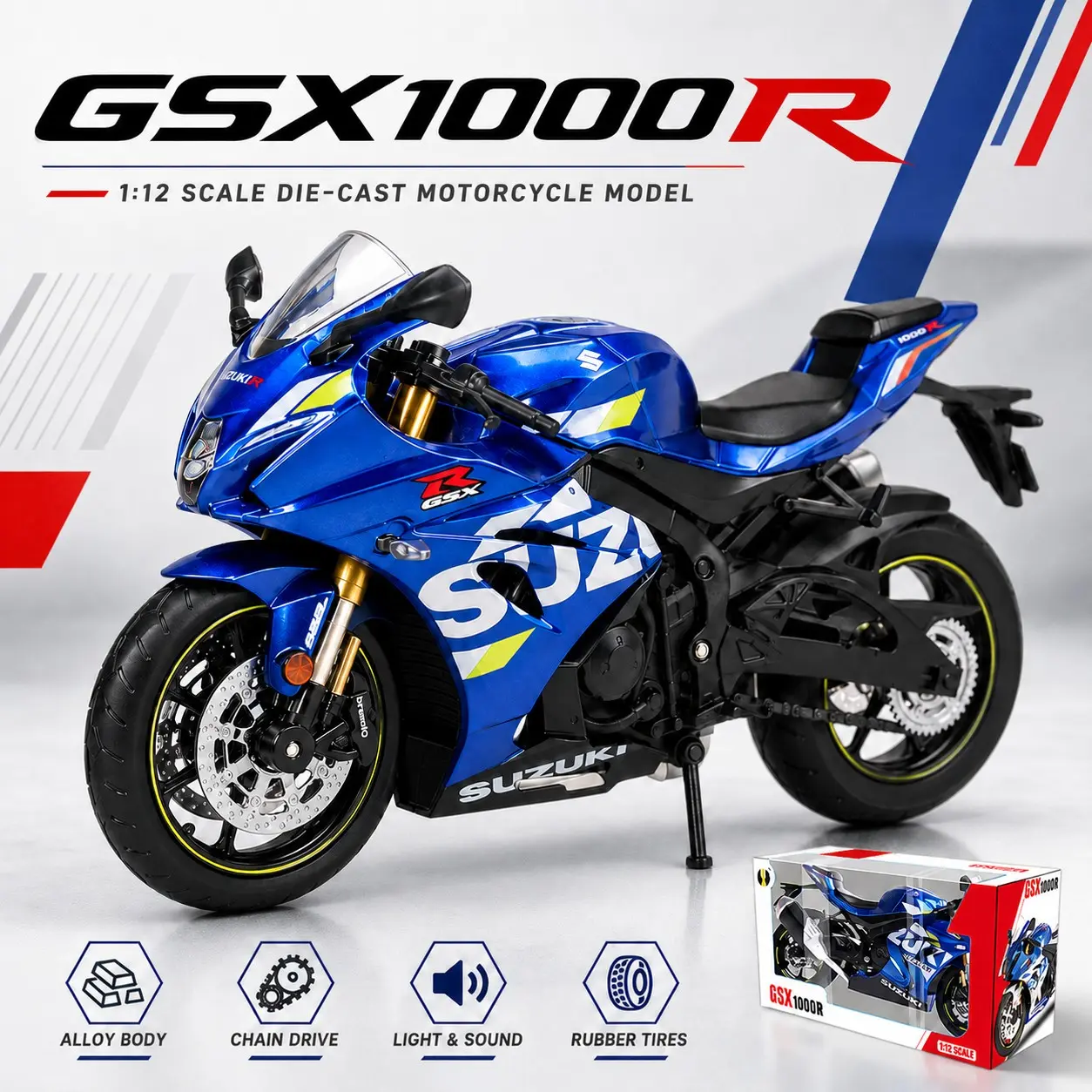 Gsx1000r Alloy Model, 1:12 Scale, Moving Parts, Lights & Sound, Authentic License, Motorcycle Model, Birthday Gift, Desktop Decor, Stress Relief Toy