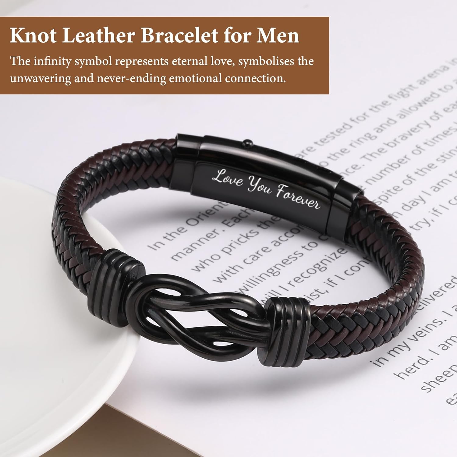 THE WELL KEPT Men's Bracelets Gifts for Men - Brown Braided Leather Infinity Knot Bracelets Engraved Love Massage for Son Man Husband Boyfriend, Personalized Mens Bracelets   for Birthday Christmas