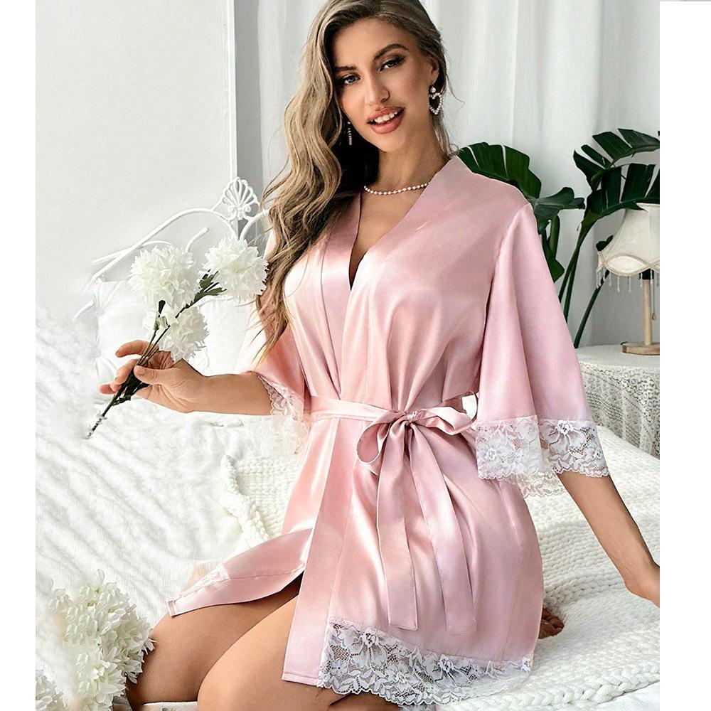2025 New Ladies Elegant Satin Robe Lace Trim Kimono Short Sleepwear Nightgown V Neck Belted Bridal Loungewear Bridesmaid Gift