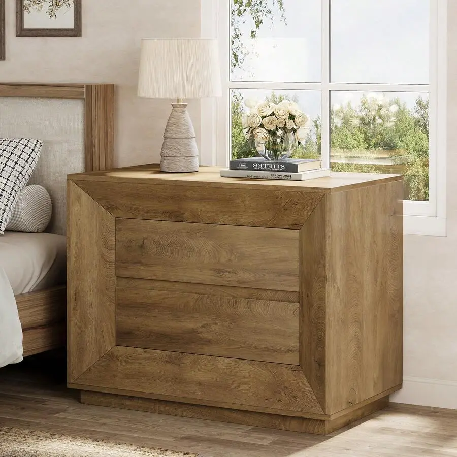 Farmhouse Oversized Nightstand, 35.43-Inch Wide Oak Bedside Table With Drawers, Large Sofa Side End Table Bedroom Or Living Room