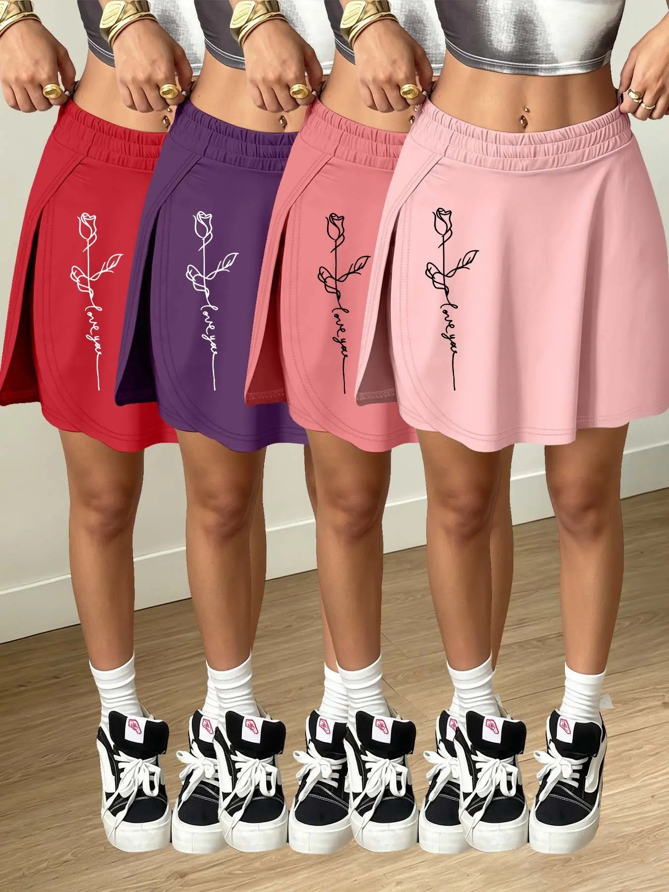 4-pack Line Rose Print New Women's Daily Casual Fashion Light Sport Stretchy Sports Skort Solid Color Bottoms Versatile Multiple Colors Available Commuting Streetwear Slimming Short Women's Bottoms-exposure Skort Elastic Waist Skorts