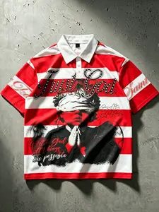 Praying angel striped polo collar men's short sleeve T-shirt, Trust God slogan red and white striped men's shirt, religious theme striped Polo shirt, Mens polo shirt