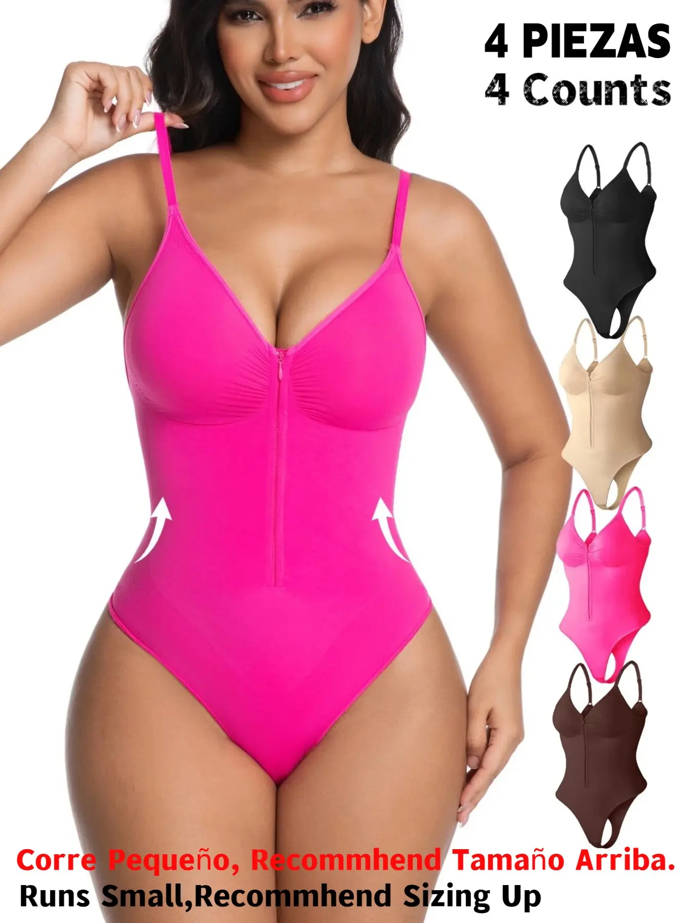Women's Seamless Smooth Shapewear Bodysuit, Compression Body Shaper, Front Zipper Design, Tummy Control Thong Style, All Seasons Wearable, Comfortable Fit