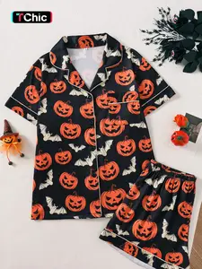 Women's Halloween Pajama Set, Vintage American Style, Pumpkin Ghost Bat Print, Fitted Short Sleeve Top, Loose Comfortable Shorts