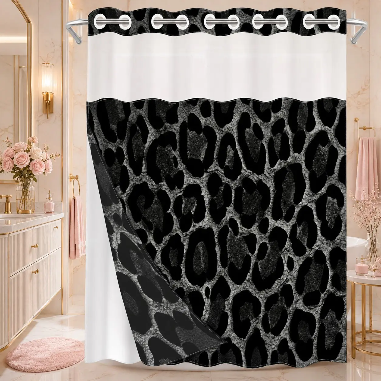 1 Pc Hookless Double Layer Shower Curtain, No Hook Shower Curtain With Snap In Liner, Printed Shower Curtain, Black & Grey Leopard Print, Machine Washable Waterproof Mildew Resistant Fabric, Home Bathroom Decor, Top See-Through Window, 71"×74"