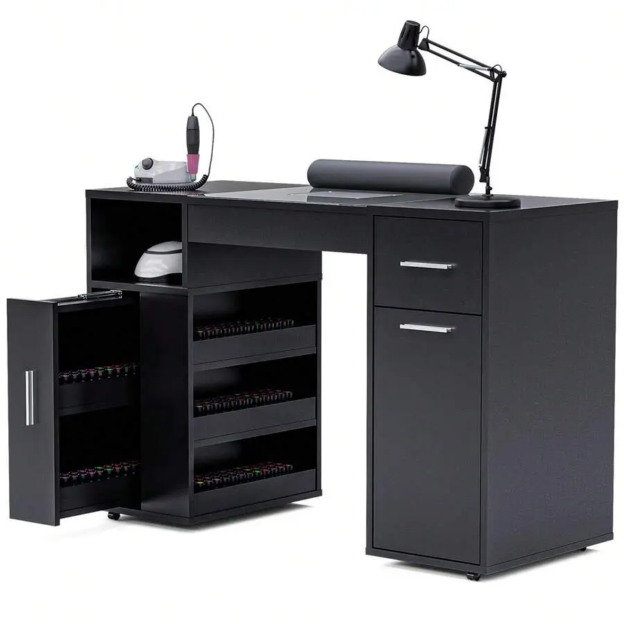 Manicure Table Nail Desk Station With Dust Collector, Glass Top & Wrist Cushion, Acetone Resistant Nail Table With Wheels & Storage Cabinet, Blackmail Desk, Nail Table, Salon Equipment, Manicure Table, Nail Tech Desk, Salon Furniture, Nail Tech Table, Por