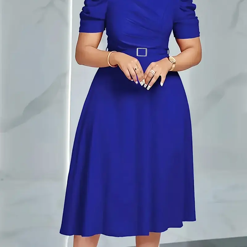 Women's V Neck Midi Dress, Puff Short Sleeve Dress With Front Ruched Detail, Non‑Removable Waist Belt With Square Metal Buckle, A‑Line Flared Swing Hem, Solid Formal Work Dress For Office Business Meeting Cocktail Party Special Occasions