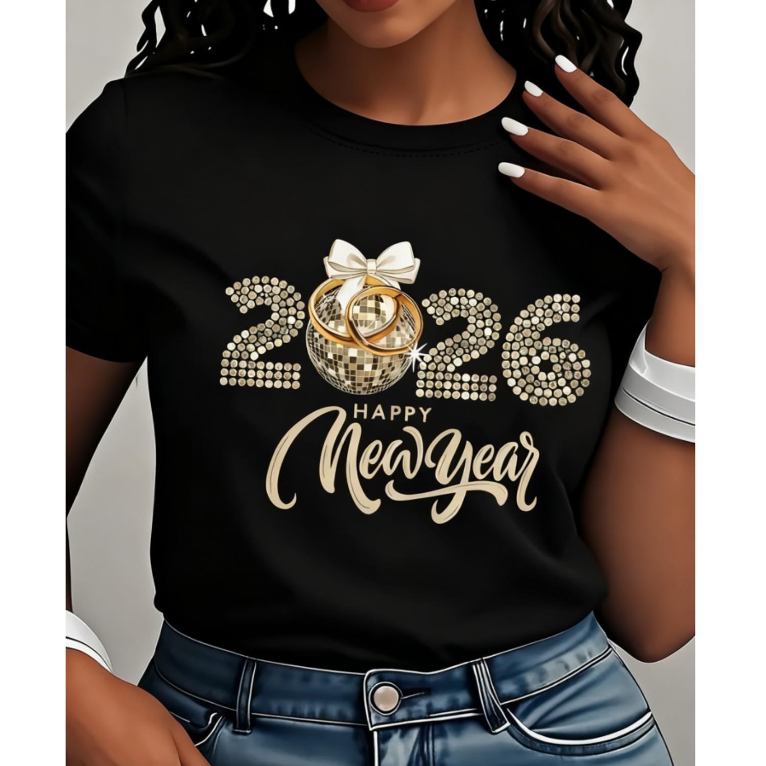 Women's 2026 New Year Golden Graphic Tee, Rhinestone-Like Detail, Black & Gold Cotton Crew Neck Short Sleeve, NYE Party Outfit