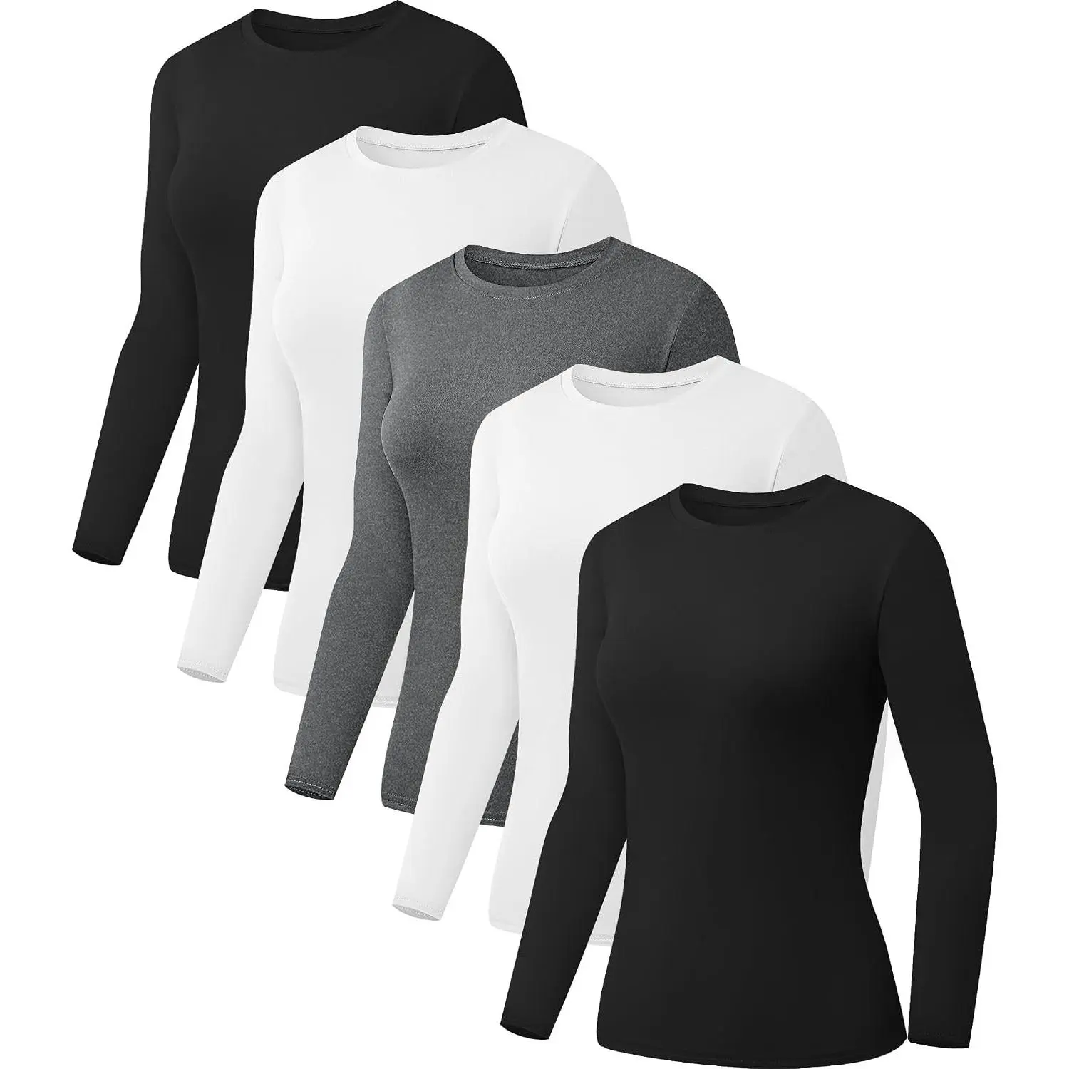 5 Pack Womens Basic Long Sleeve Shirts Crew Neck Slim-Fit Fitted T Shirts Tops Undershirts Underscrub Baselayer